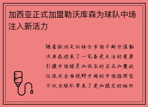 加西亚正式加盟勒沃库森为球队中场注入新活力