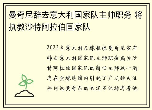 曼奇尼辞去意大利国家队主帅职务 将执教沙特阿拉伯国家队