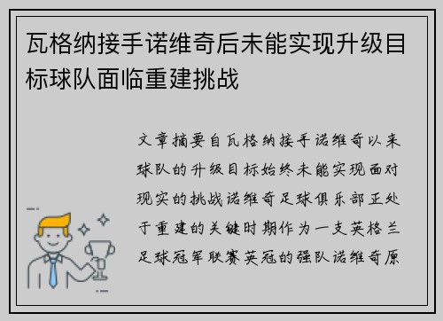 瓦格纳接手诺维奇后未能实现升级目标球队面临重建挑战