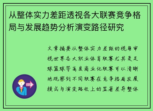 从整体实力差距透视各大联赛竞争格局与发展趋势分析演变路径研究